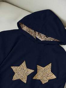 Elamini Women's Casual Leopard Print Sweatshirt With Star Pattern - Navy Blue - View 5