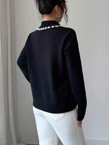 SHEIN Elenzya Women's Autumn/Winter Aniusta Casual Top, Suitable For Vacation, Independence Day, Labor Day, Columbus Day, Thanksgiving, Valentine's Day, Vintage, Stockholm, Tulum, Korean Style, Elegant, Versatile, Student, Teacher, Gothic, Office, Business Casual, Back To School Season, Embellished Collar Black Knit Sweater - Black - View 2