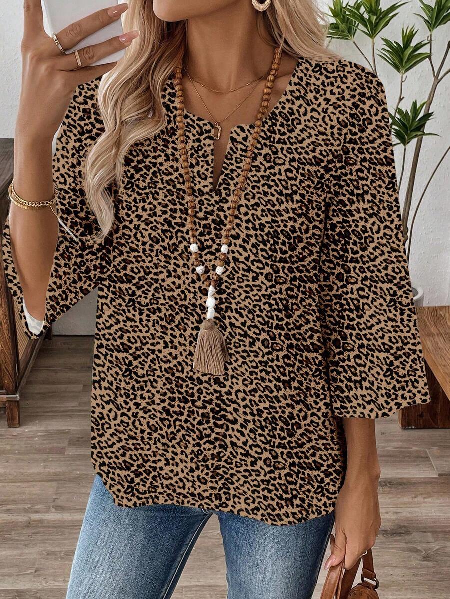 EMERY ROSE Áo cánh tay 3/4 cổ chữ V họa tiết da báo giản dị dành cho nữ, phù hợp cho mùa xuân và mùa thu - màu nâu - Xem 1