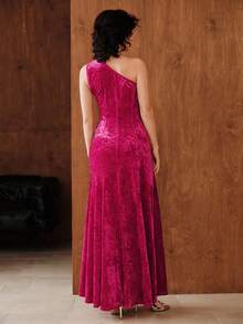 Uhlyne Uhlyne Women's Minimalist Velvet Metal Accessory Dress, Suitable For Wedding Guest, Birthday Party, Holiday, Christmas - Hot Pink - View 4