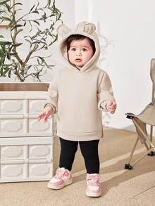 SHEIN Babygirl Cute Versatile 3D Ear Hooded Fleece Sweatshirt, Autumn/Winter Fall - Khaki - View 3