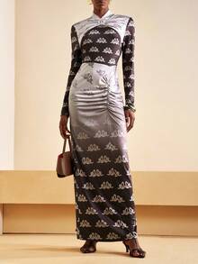 Zivah Vestido maxi 2025 de nueva llegada para otoño con manga larga, frente retorcido, cremallera en la espalda y cintura plisada, con estampado gráfico negro y plateado, adecuado para fiesta de cumpleaños, banquete, vuelta al colegio, uso casual diario, crucero, elegante y casual de negocios - Multicolor - Ver 4