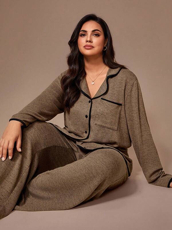 Lazeform Conjunto de ropa de estar por casa/pijama de talla grande con top francés casual de malla floral de contraste de color suave de punto y pantalones, ropa de otoño e invierno, conjunto acogedor