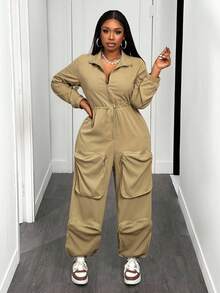 Slaydiva Combinaison grande taille, style urbain décontracté, pour festival de musique, Pâques, fête d'anniversaire, usage quotidien, polyvalente, couleur unie, poches cargo exagérées, manches longues, cordon de serrage à la taille, automne/hiver 2025 - Kaki