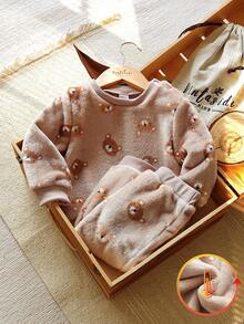 Vintaside Kids 2pcs Baby Boy Bear Head Plush Print Long Sleeve Sweatshirt Matched With Drawstring Pants Casual Outfit Fall Winter - Brown - View 3