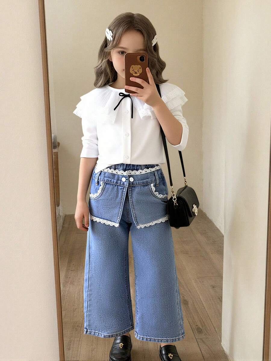 SHEIN Jeans a gamba dritta per ragazze giovani, singolo articolo in denim blu, stile dolce e carino Y2K, casual per esterni, scuola, comodi, con bordo in pizzo per campagna, vita elastica, vestibilità morbida, adatti per uso quotidiano, vacanze, viaggi, essenziali per il guardaroba, feste, campus, nuovi arrivi autunnali (top non incluso) - Blu lavato medio - Visualizzare 1