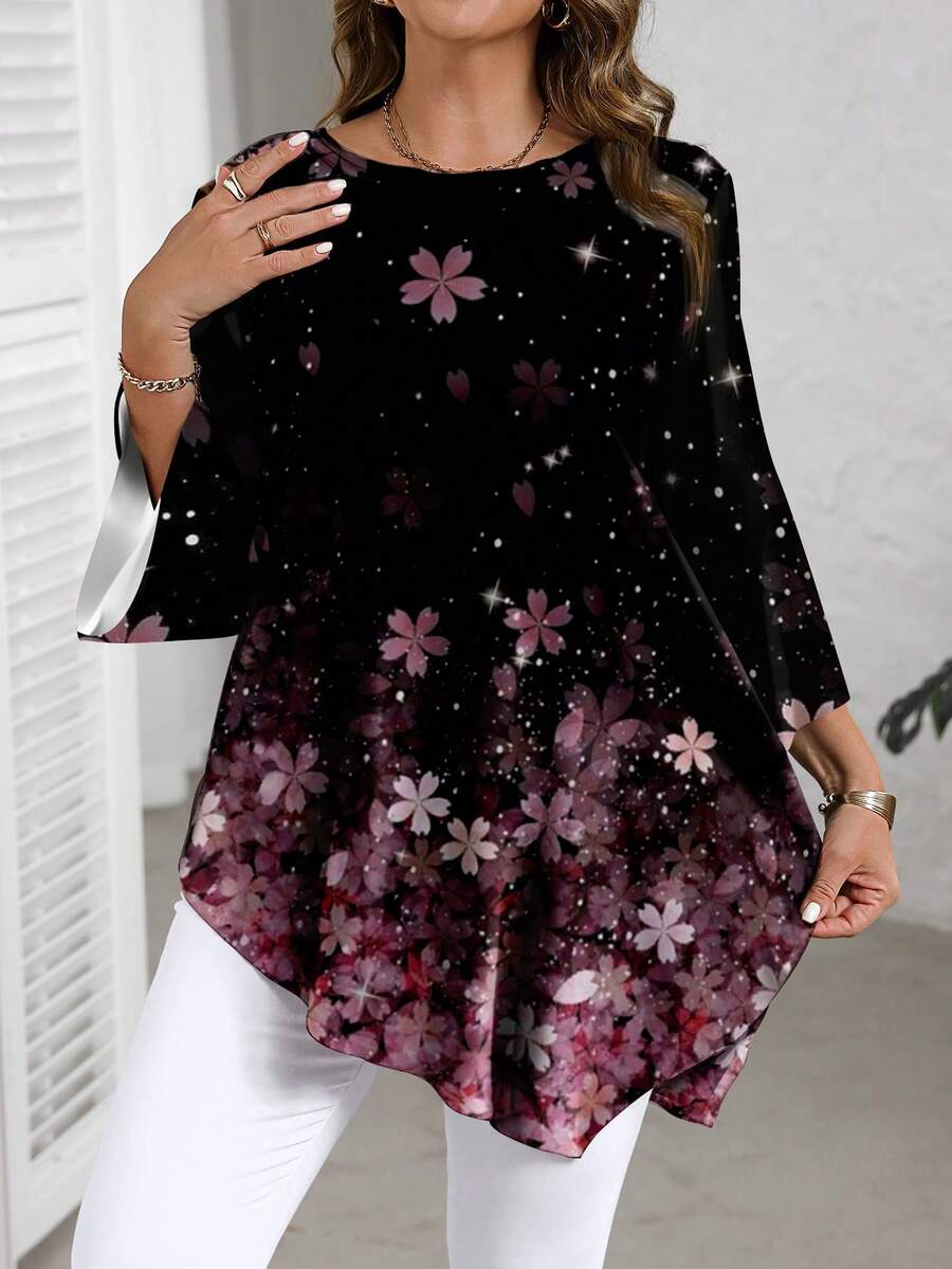 EMERY ROSE Plus Size Casual Minimalist Allover Pink Partial Floral Placement Print Blouse, Suitable For Mother's Day, Spring/Autumn