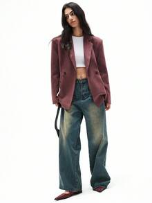 Aveloria Affinna Women's Deer Suede Exaggerated Shoulder Pad Cinched Waist Pleated Long Sleeve Blazer Jacket