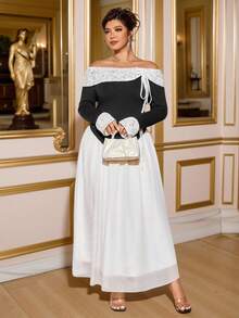Allurite Vestido de manga larga con parches de encaje elegante para mujer de talla grande, adecuado para uso diario y fiestas - Beis - Ver 1