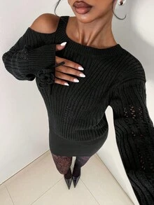 EgrlEra Neuer Damen Herbst/Winter Einzelteil mit Off-Shoulder Design, Manschette mit aufwendiger Häkelschleifenziehband-Gestaltung, eleganter personalisierter Pullover für Dates - Schwarz - Übersicht 3