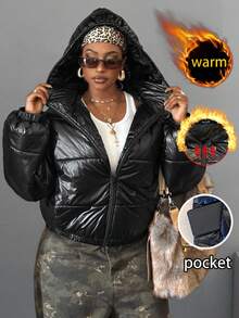 Maweii Plus Size Women's Solid Color Long Sleeve Zipper Front Hooded Casual Winter Jacket