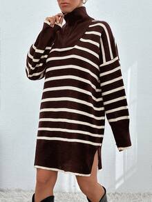 EURMUSE Women Stiped Knit Design Knit Dress With Zipper Detail - Brown - View 5