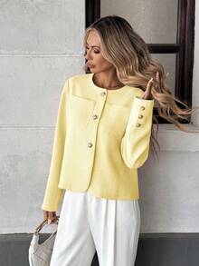 Pariaura 优雅法式编织圆领长袖常规版型女士绿色夹克，夏季新品 - 淡黃色 - 查看 6