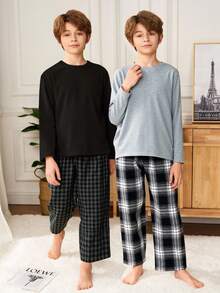 SHEIN 4件組兒童/青少年男孩睡衣套裝，黑白配色，夏季休閒度假返校款，純色長袖套頭上衣搭配梭織秋季長褲 - 彩色 - 查看 6