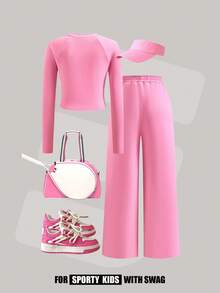 JNSQ Tween Girl Outfit Sets, Children Autumn/Winter Sports Suits, Girls Fitted Round Neck Front Graphic Letter Print T-Shirt Paired With Loose Drawstring Bow Pants 2-Piece Set, Suitable For Autumn/Winter Daily Wear, Outdoor Activities, Vacation, Streetwear, Party And Casual Fall