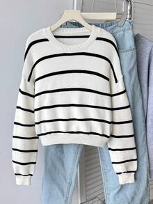 Teen Girl Retro Striped Loose Fit Crew Neck Sweater, Suitable For Home, Outing, Party, Back To School Fall Winter