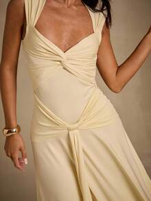 Glamine 女士优雅性感扭纹 V 领收腰长裙（浅黄色），适合派对、日常穿着、花园聚会