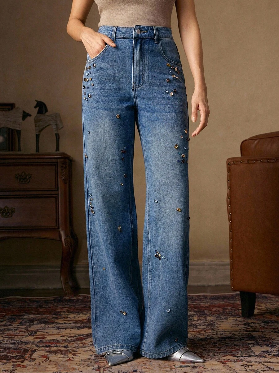 Anewsta Streetwear Fashion Heavy Handcrafted Rhinestone Embellished Women's Blue Denim Straight Leg Jeans, Suitable For Fall, Winter, Spring, Summer, New Year, Party, Wedding, Elegant, Chic, Stylish, Christmas, Business Casual, Going Out - Blue - View 1