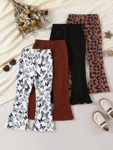SHEIN 4pcs Young Girl Casual Multi-Color Butterfly & Leopard Print, Solid Color Versatile Flared Pants, Suitable For Spring & Autumn - Multicolor - View 2
