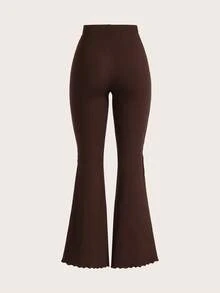 SHEIN Tall CURVE 加大码女款生菜边弹力喇叭裤 - 棕色 - 查看 2