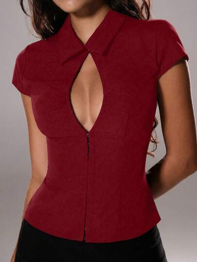 TRNVIE Summer Elegant Commuter Women's Red Hollow Out Sexy Button-Up Collar Office Mermaid Style Short Sleeve Blouse Top