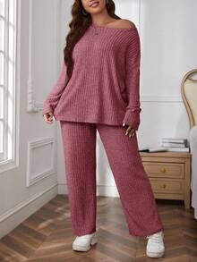 SHEIN Essnce Plus Size Solid Color Minimalist Daily Wear Round Neck Long Sleeve Top And Pants 2-Piece Set Fall - Red - View 4