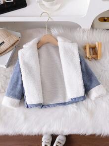 SHEIN 年轻女孩休闲酷蓝牛仔拼布白色保暖内衬保暖夹克，秋冬 - 中等水洗藍 - 查看 8