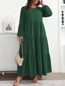 Vionelle 大码女式春夏纯色圆领灯笼袖荷叶边下摆宽松休闲连衣裙长款女装 - 墨綠色 - 查看 1