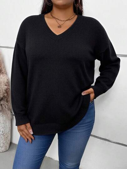 EMERY ROSE Plus Size Women's Solid Black V-Neck Dropped Shoulder Long Sleeve Casual Sweater, Autumn Winter Fall