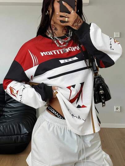 Coolane Women's Fall Streetwear Sportswear Casual Homecoming Race Car Driver Graphics Oversized Long Sleeve Sweatshirt