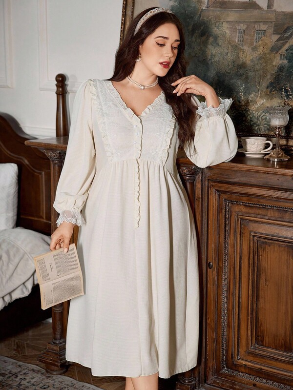 PalaceNights Plus Size Vintage Palace Style Ruffle Trim & Embroidery Patchwork Mid-Length Long Sleeve Women Nightgown, For Fall