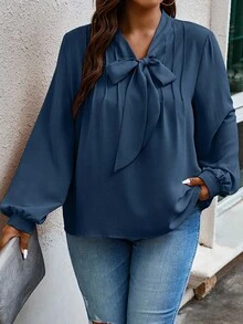 EMERY ROSE Blusa elegante de manga larga con cuello de corbata y unicolor para mujer de talla grande - Agua verde azul - Ver 5