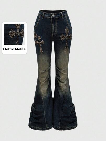 PETITE Shibuya Gyaru Subculture Y2K Retro Cross Metal Stud Skinny Distressed Flare Jeans For Women