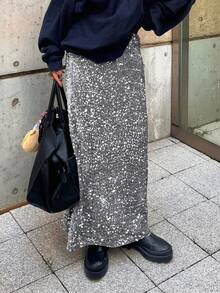 FRIFUL 女士银色亮片纹理面料直筒修身休闲百搭长裙，秋冬新年嘉年华 - 灰色 - 查看 1