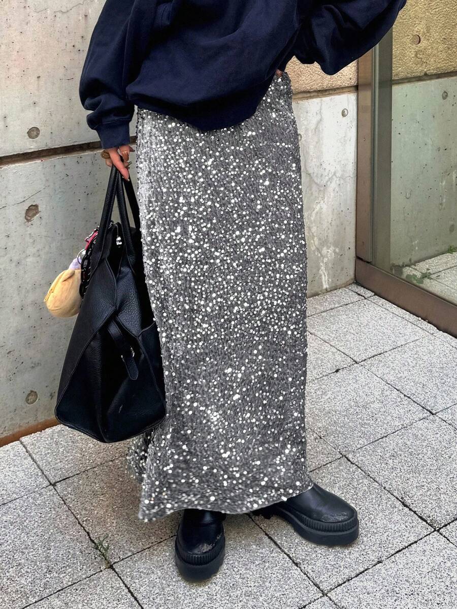 FRIFUL 女士银色亮片纹理面料直筒修身休闲百搭长裙，秋冬新年嘉年华 - 灰色 - 查看 1