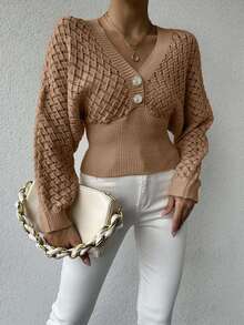 SHEIN Cottnline Women's Simple Commuter Hollow Out Button Decor Knit Sweater, Autumn/Winter - Mocha Brown - View 6