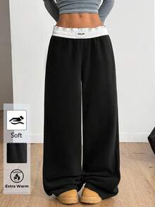 Coolane 女士秋冬外出简约基本款日常穿着复古街头服饰节日黑色保暖摇粒绒直筒裤 - 黑色 - 查看 5