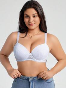 SHEIN 1 pieza Sujetador con aros de encaje francés romántico y cómodo para mujer de talla grande con diseño minimalista - Blanco - Ver 4