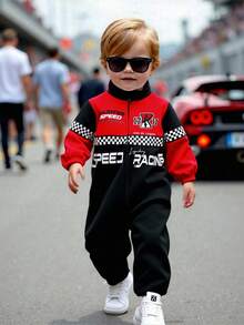 SHEIN 婴儿男女童秋冬服装套装，连体衣，服装，加厚抓绒撞色立领长袖赛车连体衣，舒适百搭时尚休闲街头风，适合室内、户外滑雪、日常穿着、运动、玩耍、派对、拍照、节日、万圣节、圣诞节、新年、赛车驾驶、赛车夹克婴儿运动服两件套，新生儿男婴汽车印花长袖连体衣，婴儿摩托车服，婴儿街头赛车服 - 黑色 - 查看 3