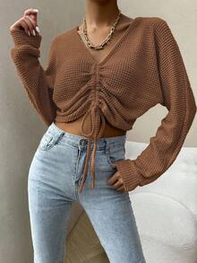 EMERY ROSE Áo thun nữ cổ chữ V tay cánh dơi màu trơn có dây rút thời trang - màu nâu - Xem 6