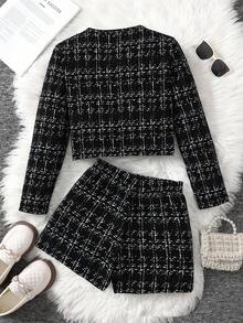 Serisse Kids Tween Girl Urban Chic Long Sleeve Jacket And Shorts Set Girls Two Piece Suit Girls Black Plaid Set Girls Autumn And Winter Suits Girls Plaid Set Two Piece Kids Set