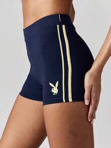 Missguided x Playboy Active High Rise Cycling Shorts Compression Athletic Gym Workout Fitness Running Exercise Training Bottoms With Logo Print Side Stripes - Blue - View 1