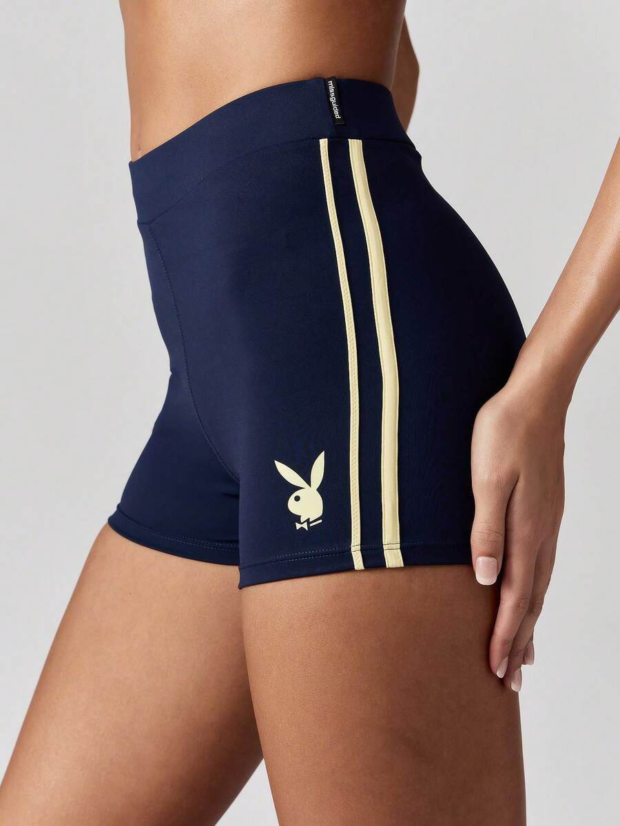 Missguided x Playboy Active High Rise Cycling Shorts Compression Athletic Gym Workout Fitness Running Exercise Training Bottoms With Logo Print Side Stripes - Blue - View 1