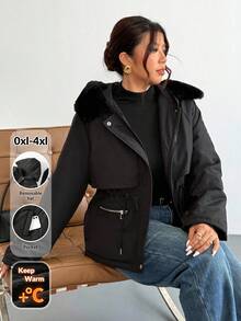 Firerie Manteau long rembourré à col amovible, doublure thermique super épaisse, pour le travail et les sorties, grande taille. Veste en coton à capuche, col en fourrure, manches longues, taille resserrée par cordon, poches en peluche, pour l'automne/l'hiver. - Noir - Voir 4