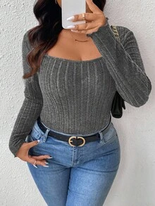 SHEIN Frenchy Plus Size Casual Ribbed Crew Neck Fitted T-Shirt - Grey - View 1