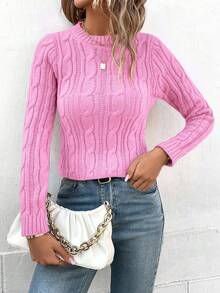 EMERY ROSE Women's Casual Cable Pattern Crew Neck Long Sleeve Sweater, Autumn/Winter - Baby Pink - View 7