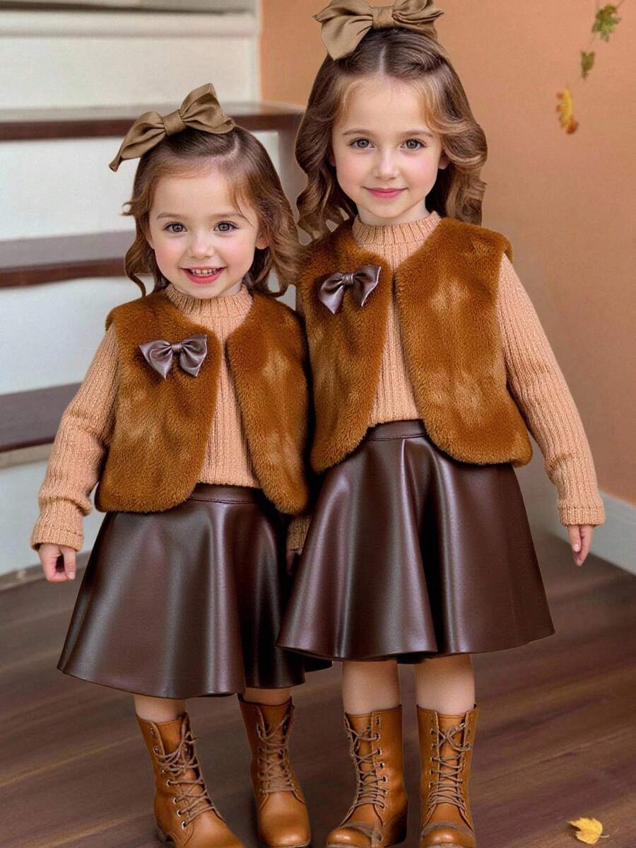 SHEIN 女童高档抓绒背心、长袖PU百褶裙和外套套装，秋冬女童棕色毛绒背心，仿皮草背心套装，棕色毛绒背心和裙子套装，女童秋冬套装，女童棕色仿皮裙 - 摩卡棕 - 查看 1
