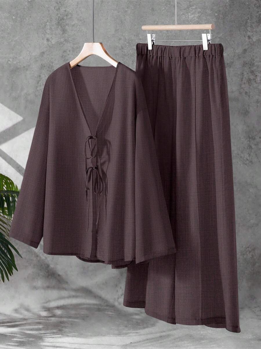 Linhara Conjunto de 2 piezas de top de manga larga con cordón y pantalones de unicolor minimalista para talla grande - Púrpura polvoriento - Ver 1