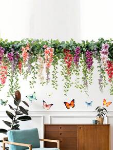 1pc Fanyu Rose Vine Butterfly Wall Stickers - Self-Adhesive Removable PVC Decals With Pink Roses, Green Leaves & Purple Butterflies For Walls, Plastic Surfaces - Fantasy Floral Decor, Semi-Matte Finish, Butterfly Decorations