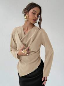 Aloruh 女式纯色不对称下摆长袖时尚衬衫 - 杏色 - 查看 4